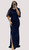 NAVY COWL NECKLINE EVENING GOWN WITH FLUTTER SLEEVE - IMAGE 1