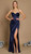 Navy satin corset wrap gown with lace up back and split - Image 1