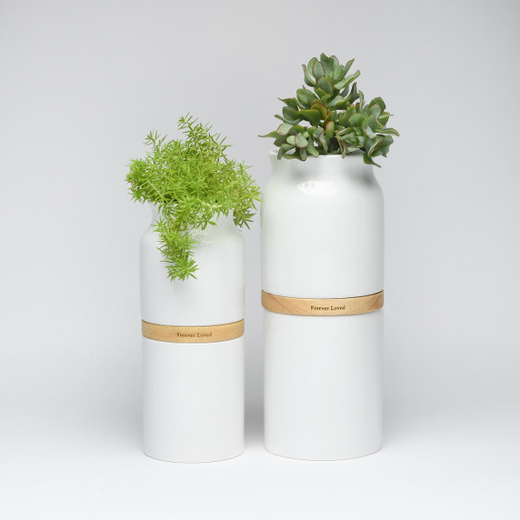 White Vega Vase Urn with Light Wood, Small