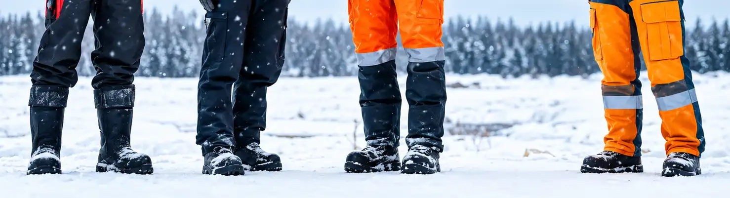 A work crew in insulated winter boots and hi-vis gear standing in the snow