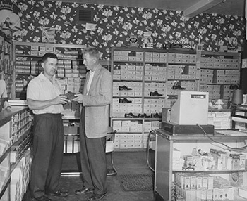 An image from 1955 showing the interior of Chet's Shoes original storefront