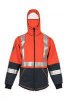 Elements Lightning Jacket, Front View, Flame Resistant Jacket, Orange Hi Vis Jacket, Built In Balaclava