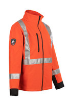 The Shield Soft Shell Hi Vis Jacket, Angled View,  Hi Vis Orange Soft Shell Jacket, Flame Resistant Orange Hi Vis Jacket