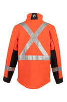 The Shield Soft Shell Hi Vis Jacket, Back View,  Hi Vis Orange Soft Shell Jacket, Flame Resistant Orange Hi Vis Jacket