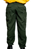 Wildland Brush Pant, back view, modeled, wildland firefighting pant, green