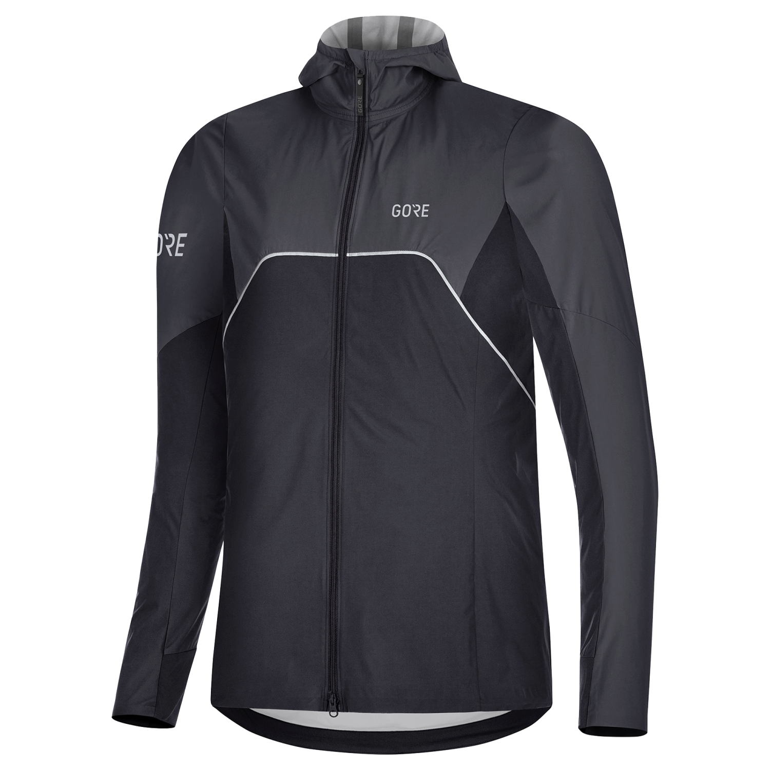 GOREWEAR R7 Women's Partial GORE-TEX INFINIUM(TM) Hooded Running Jacket in Black/Terra Grey | Large (12-14) | Slim fit | Windproof