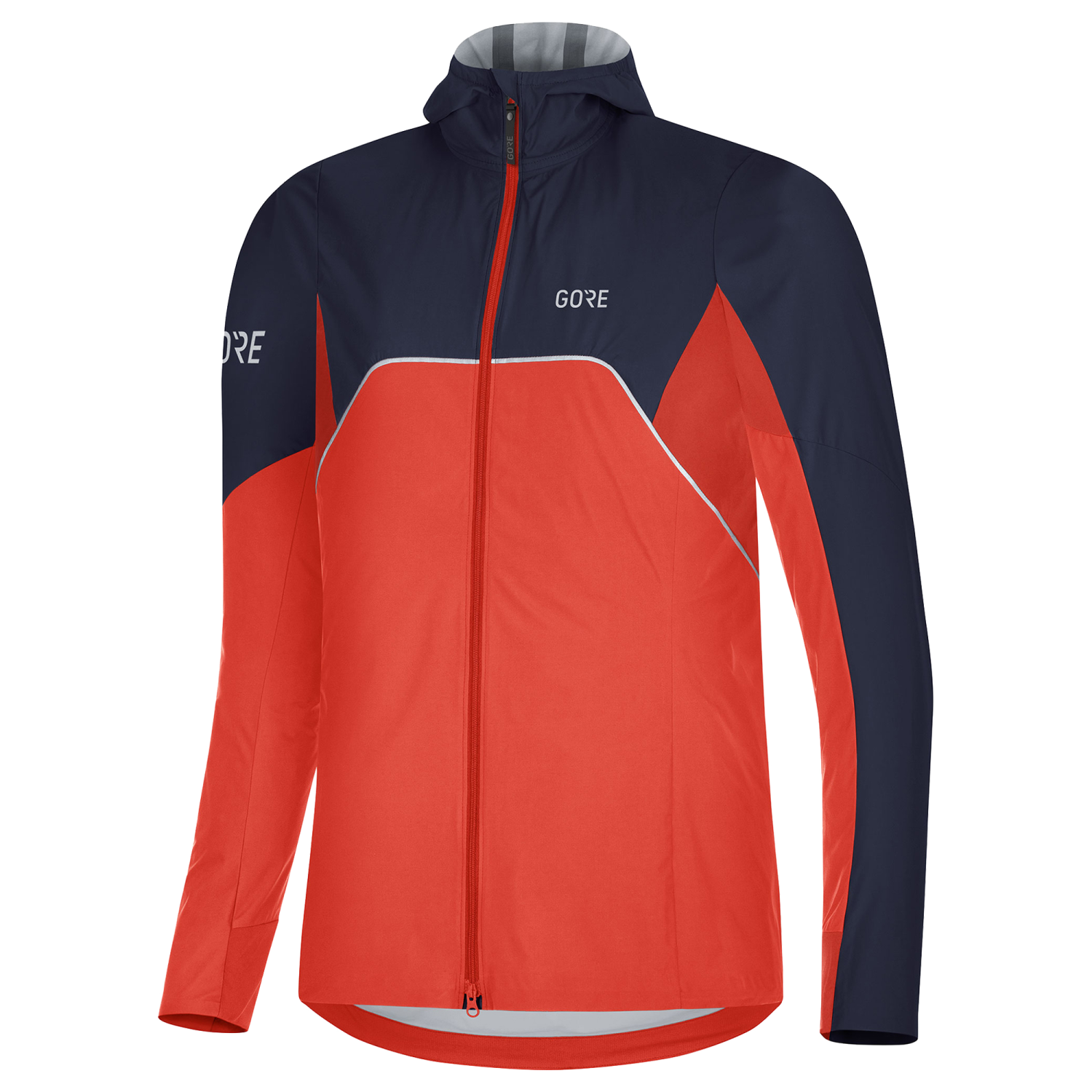 GOREWEAR R7 Women's Partial GORE-TEX INFINIUM(TM) Hooded Running Jacket in Fireball/Orbit Blue | Medium (8-10) | Slim fit | Windproof