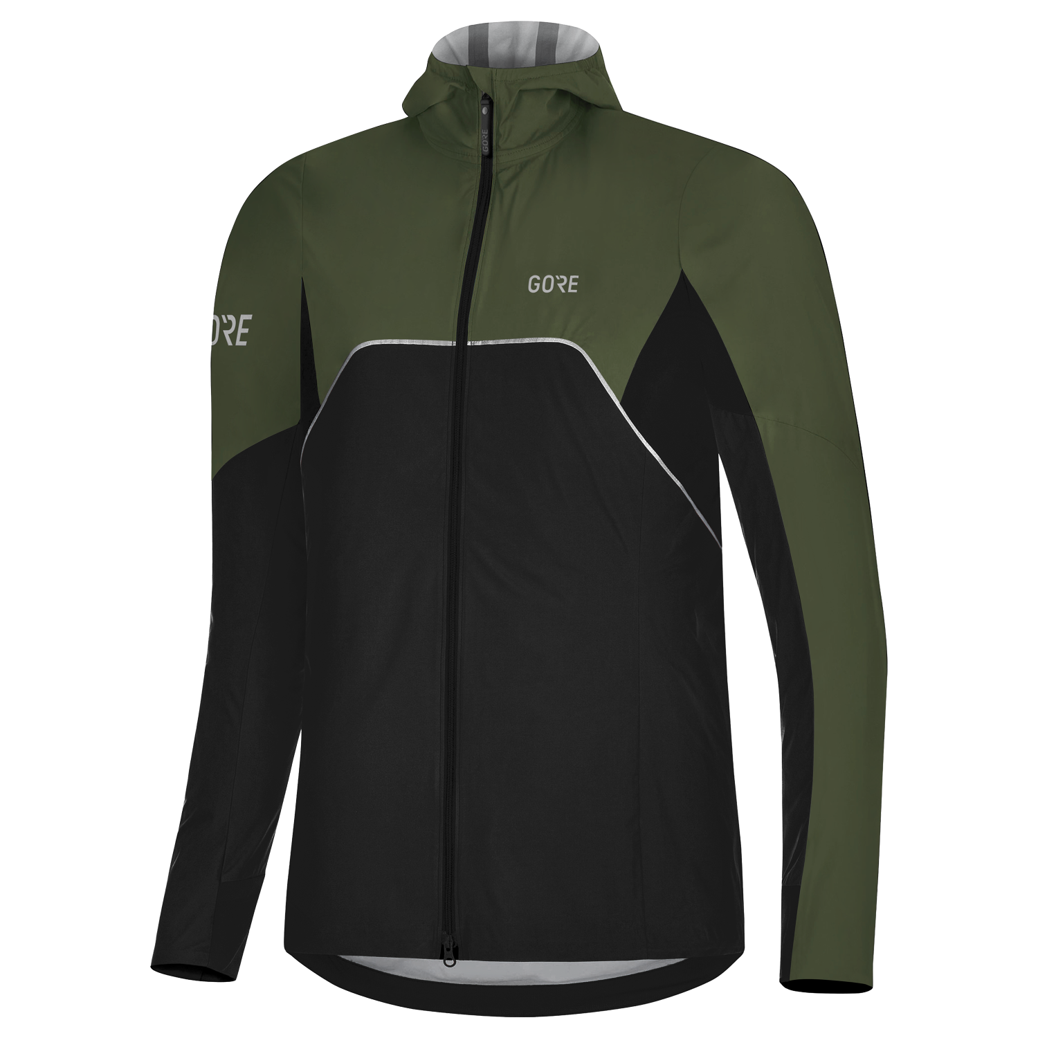 GOREWEAR R7 Women's Partial GORE-TEX INFINIUM(TM) Hooded Running Jacket in Black/Utility Green | Large (12-14) | Slim fit | Windproof