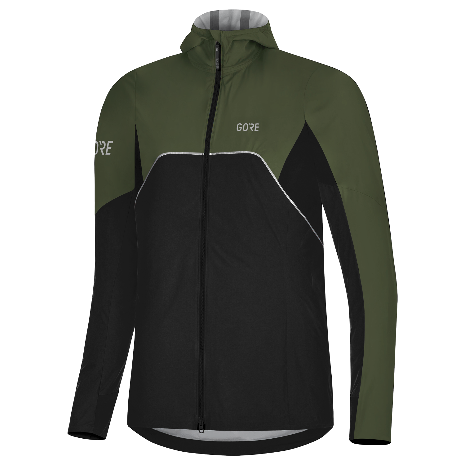 GOREWEAR R7 Women's Partial GORE-TEX INFINIUM(TM) Hooded Running Jacket in Black/Utility Green | Small (4-6) | Slim fit | Windproof