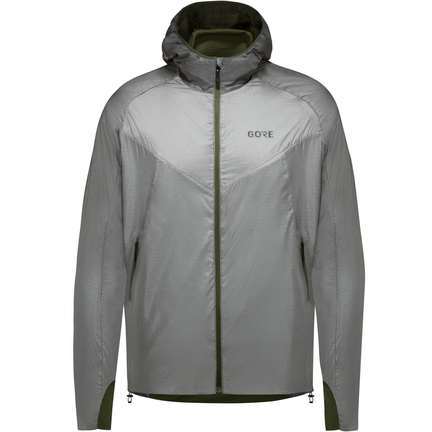 GOREWEAR Men's R5 GORE-TEX INFINIUM(TM) Insulated Running Jacket in Lab Gray/Utility Green | Small | Slim fit | Windproof
