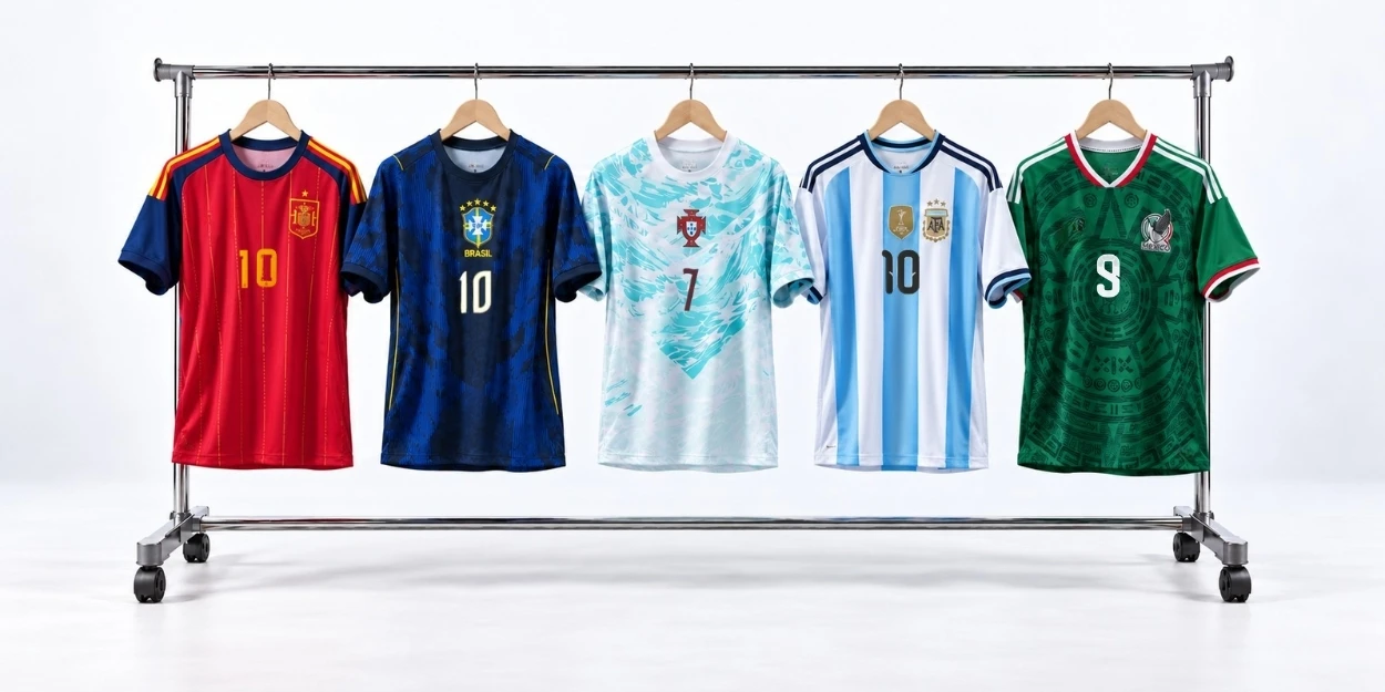 Spain, Brazil, Portugal, Argentina and Mexico jerseys on a studio rack