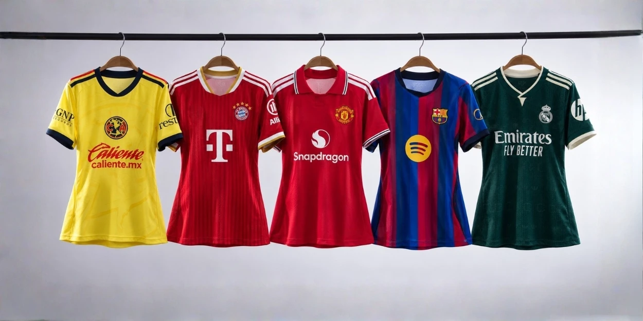 Five women’s football jerseys displayed on a clothing rail