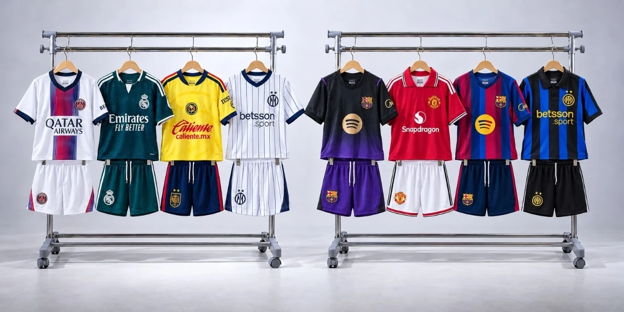 Eight kids’ football jerseys with matching shorts displayed on two chrome racks