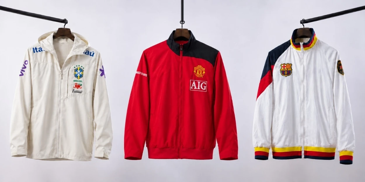 Brazil, Manchester United, and Barcelona football jackets displayed on hangers