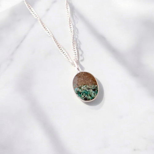 Silver Oval Great Lakes sand & Aqua stone Necklace