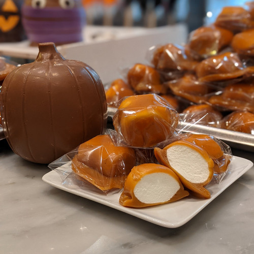 Plate full of wrapped Pumpkin Spice Marshmallow Delights with one cut in half to show the covered marshmallow