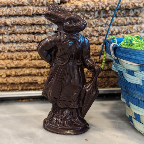 Victorian style Easter Bunny in elegant dress and umbrella