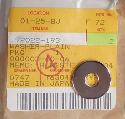 Kawasaki 92022-193 Plain Washer 6.5x20x1.6 H1 H2 S1 S2 S3 EL F11 KD KE QTY 7