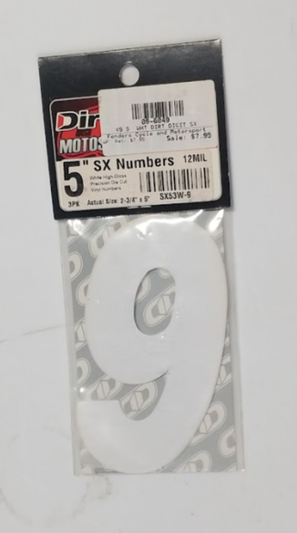 DIRT DIGITS Super X Competition Stick-On 5" White Number 9 09-6049