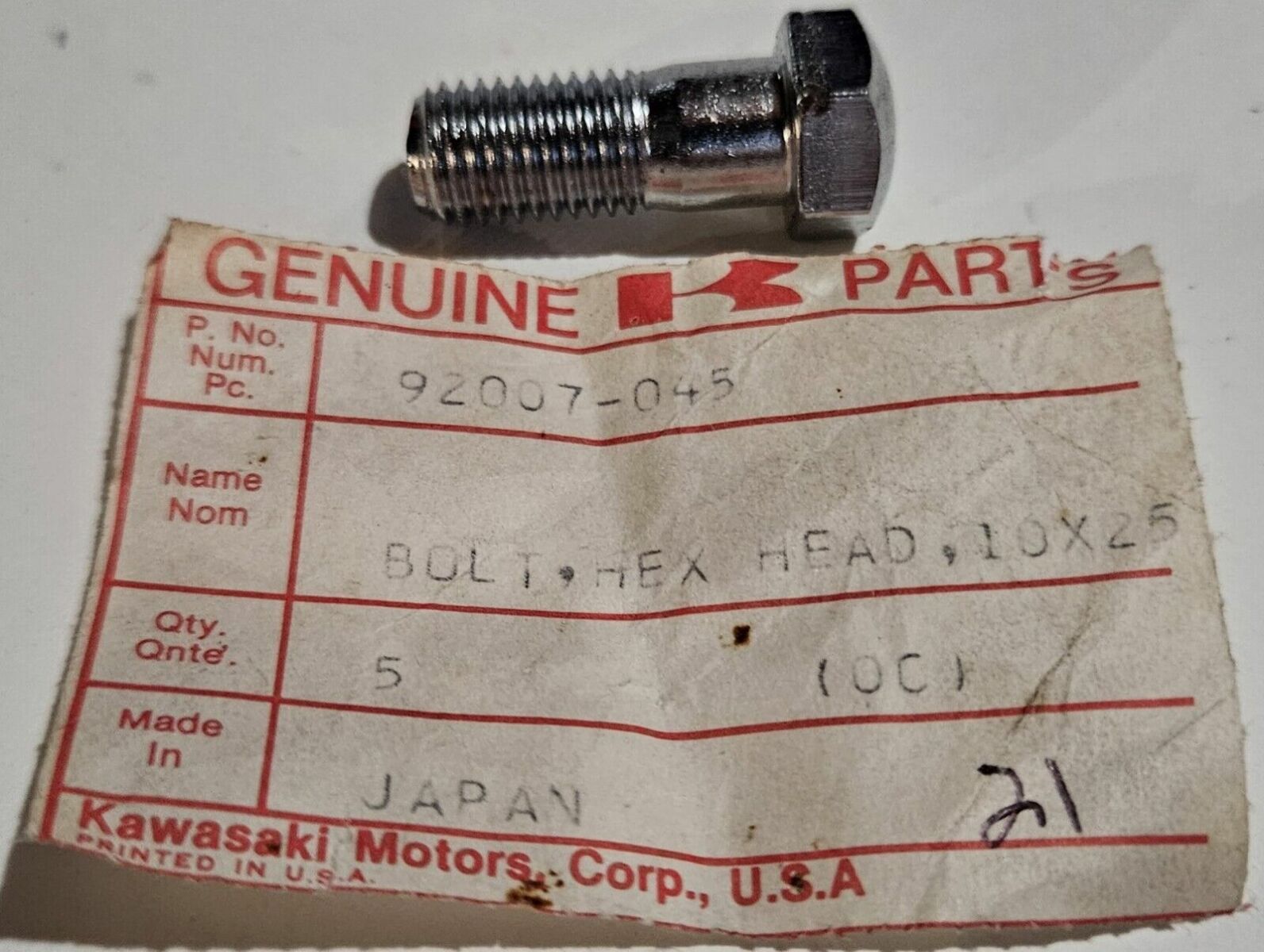 【、】 Kawasaki NOS NEW 92007-045 Hex Head Bolt 10x25 H1 W1 W2 A1