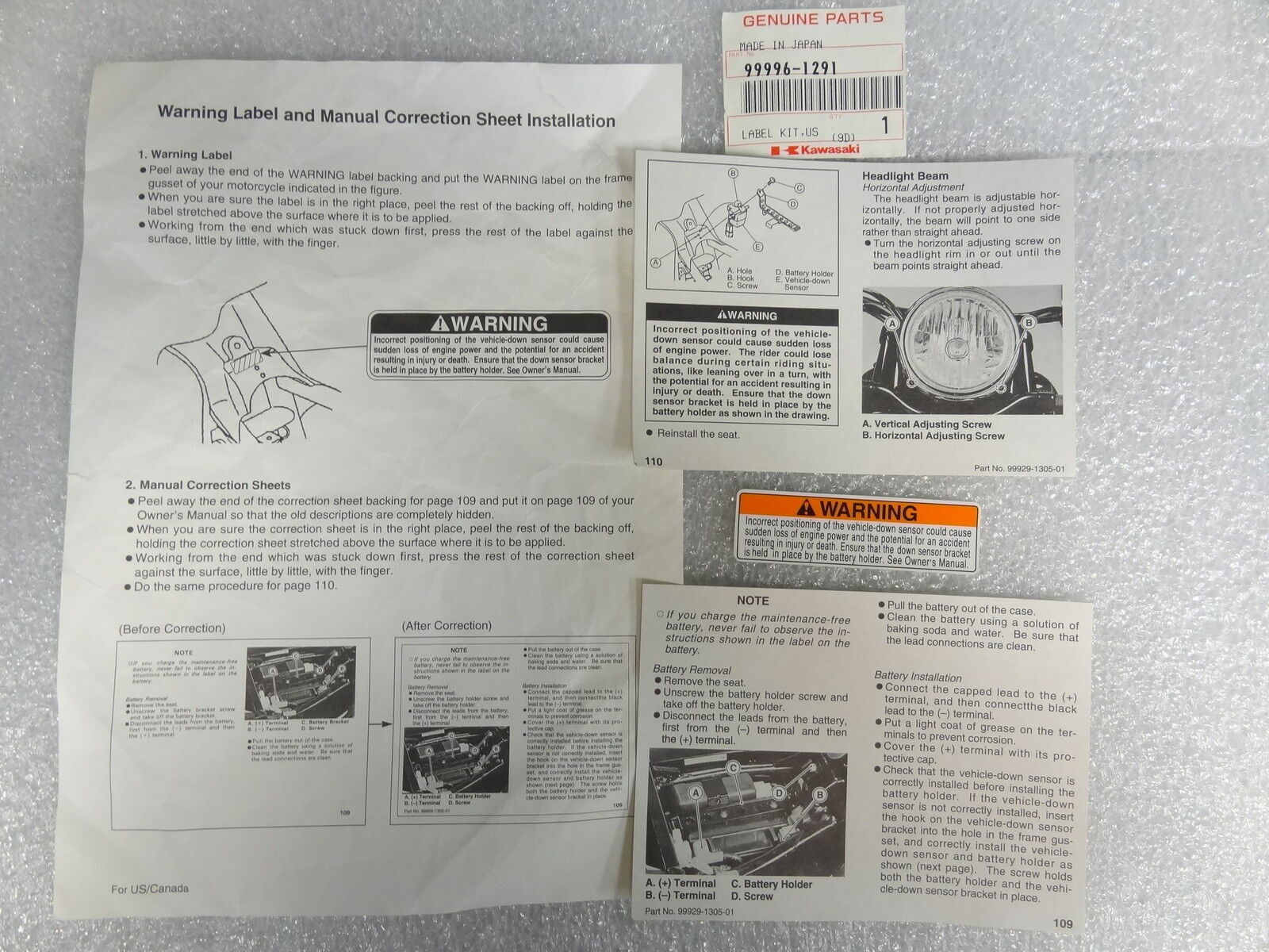 Kawasaki NOS NEW 99996-1291 Recall Label Kit VN VN1500