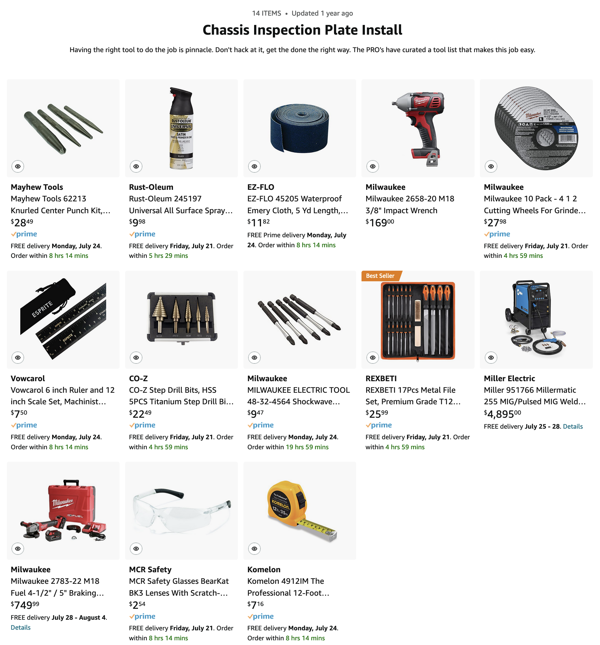 Tool List for the Airkewld Chassis Inspection Plate Install