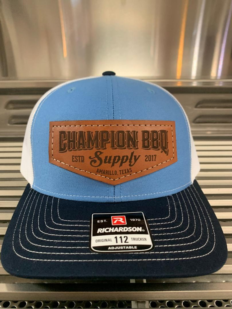 Optimistisk grammatik Dekan Champion BBQ Supply Blue on Blue Leather Patch Hat - Champion BBQ Supply