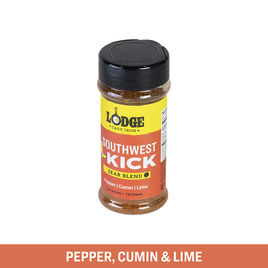 At Lodge, we have some pretty strong opinions about food. Our new Sear Blends bring over 125+ years of good eating (and heated debates) to the table, helping you pack big flavor into your favorite foods. Use them over the grill, stove, or even in the oven—all those places cast iron does its best work. Southwest Kick is a high-heat-loving blend inspired by cactus country, made for everything from pork chops and steaks to shrimp. Add a little kick to your favorite seared foods with a boot-scootin blend of pepper, cumin, and lime.