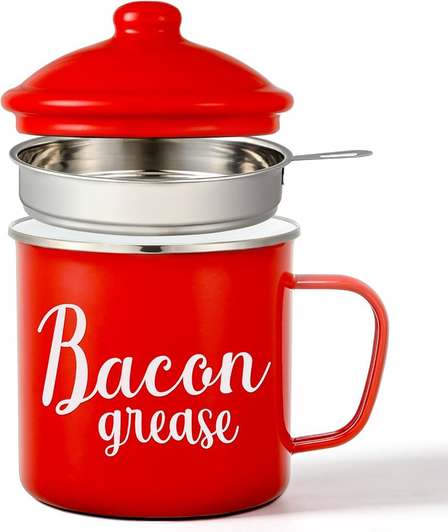 Vitever | Red Enamel & Stainless Steel Oil Keeper Can for Bacon Fat Drippings with Strainer