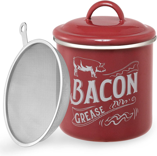 Vitever | Red Enamel & Stainless Steel Oil Keeper Can for Bacon Fat Drippings with Strainer