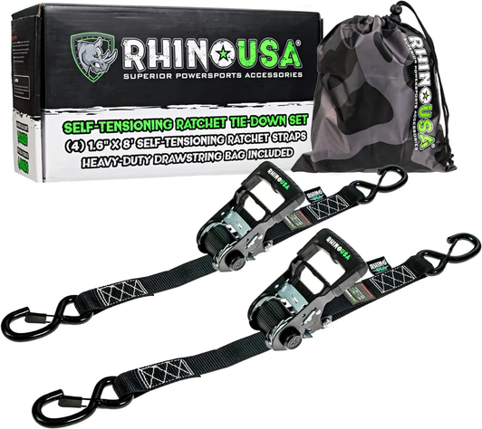 RHINO USA - 1.6" x 15'  Self-Tensioning Ratchet Straps; 2 Pack