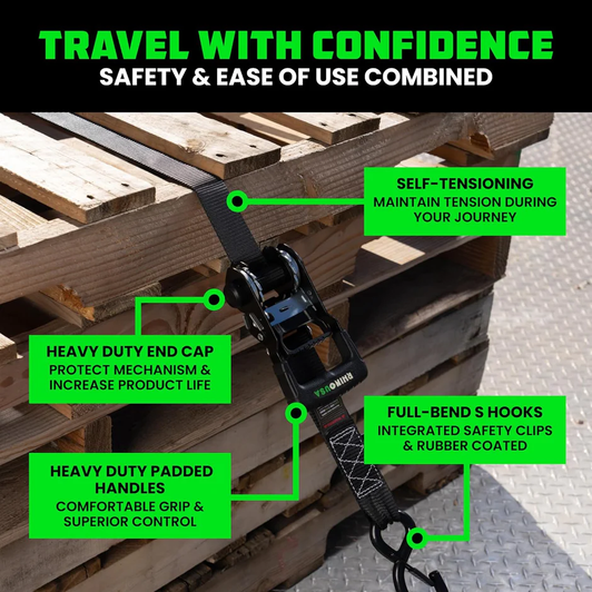 RHINO USA - 1.6" x 15'  Self-Tensioning Ratchet Straps; 2 Pack