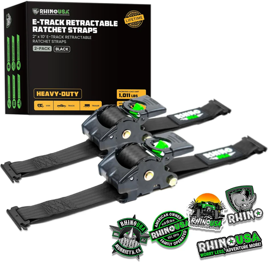 RHINO USA - 2" x 10' Retractable E-Track Ratchet Straps; Black