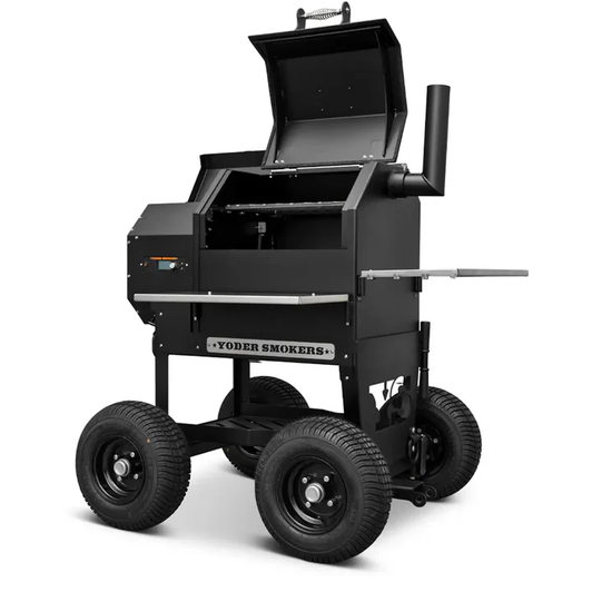 For those who believe great barbecue should happen anywhere, the Yoder Smokers YS480s Outlander Pellet Grill delivers legendary performance with rugged mobility. Built to handle everything from backyard cookouts to remote outdoor adventures, the Outlander chassis makes transporting your grill effortless—whether you're setting up at a competition, a tailgate, or deep in the backcountry. With oversized pneumatic tires, extended ground clearance, and an intuitive steering system, this all-terrain cart is designed to go where traditional grills can’t.

But the Outlander chassis isn’t just about getting there—it’s about functionality once you arrive. The integrated pull handle and precision steering axle make positioning your grill smooth and controlled, while a spacious under-mounted storage shelf keeps extra pellets, tools, and accessories within easy reach. The removable steering handle stows neatly behind the grill, keeping everything streamlined and ready for action. Whether you're rolling across grass, gravel, or rugged trails, the YS480s Outlander is built to move—and built to last.

At the heart of it all, the YS480s brings the same versatility and precision that pitmasters love. With 800 square inches of cooking space and nearly 12 inches of headroom, it handles everything from slow-smoked ribs and brisket to flame-seared steaks at 700°F. The Wi-Fi and Bluetooth-enabled Adaptive Control System (ACS) puts precision control in the palm of your hand, while Yoder’s 10-gauge steel construction and ceramic ignition system ensure durability for years to come. Whether you're chasing the perfect smoke ring or taking your grill game off-road, the YS480s Outlander Pellet Grill is ready to go wherever the fire takes you.

Features
All-Terrain Mobility – The Outlander chassis features oversized pneumatic tires and extended ground clearance for smooth travel across any surface.
Precision Steering System – A 22.5-degree turning axle and integrated pull handle allow for tight, controlled maneuvers.
Heavy-Duty Storage Shelf – A spacious under-mounted storage area keeps extra pellets, accessories, and tools within reach.
Proven YS480s Performance – Same adaptive control system, dual-fan design, ceramic ignition, and versatile cooking capabilities as the standard YS480s.
Wi-Fi & Bluetooth Connectivity – Monitor and control your grill remotely with the Yoder Smokers Mobile App.
Flame Grilling & High Heat Cooking – Reaches up to 700°F for direct flame searing, while also maintaining low-and-slow smoking temperatures for hours.
Expandable Cooking Options – Compatible with the Yoder Smokers Wood Fired Oven, griddle inserts, and other accessories.
Made in the USA – Built with 10-gauge steel construction for durability and long-term performance.
Rock-Solid Warranty – 10-year warranty on the cooking chamber, 3-year warranty on the ACS controller and ceramic igniter.
Technical Specifications
Cooking Surface: 800 sq. in. (480 sq. in. main grates + 320 sq. in. second shelf)
Hopper Capacity: 20 lbs of pellets
Temperature Range: 150°F – 700°F
Fuel: 100% hardwood pellets
Construction: Heavy-duty 10-gauge steel
Steering System: 22.5-degree turning axle with integrated pull handle
Storage: Large under-mounted shelf for pellets & accessories
Connectivity: Wi-Fi & Bluetooth via Yoder Smokers ACS Control System
Warranty: 10 years on the cooking chamber, 3 years on the ACS controller & ceramic igniter