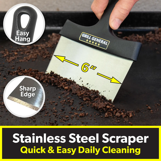 BATTLE GRADE GRILLING TOOLS - Grill General 26 Piece Griddle & Grill Cleaning kit is designed for True American Outdoor Living, from backyard party to the tailgate. Heavy Duty, Professional Grade and Chemical Free cleaning, for any Blackstone, Weber, Char-Broil, Halo Griddle, Grill, Flat top, Smoker or BBQ

26 PREMIUM PIECES - 1 x 6" Wide Stainless Steel Scraper, 3 x Pumice Cleaning Blocks, 1 x Rugged Block Handle, 20 x Heavy Duty Scrub Pads, 1 x Easy-Attach Scrub Handle. All tools are easy to clean and top rack dishwasher safe!

NO MESS, NO STRESS - Stainless Steel Griddle Scraper for easy clean up. Scrub pads clean burnt on food residue. Remove old seasoning and rust with Cleaning Blocks, also perfect for cleaning Barbeque Grill Grates

SAFE & CLEAN - Handles keep hands safe and clean from warm messy surfaces. Environmentally-friendly and non-toxic Pumice Blocks are safe, and powerful for cleaning GRIDDLE MUST HAVE - The perfect gift for any barbecue, griddle or grill master in