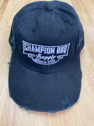 Black and White Champion BBQ Supply Logo Non-Structured Distressed Hat