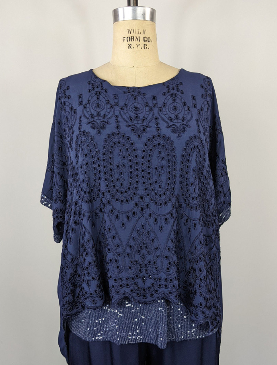 Navy Woven/Knit 1/2 Sleeve Top by M Made In Italy