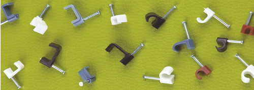 Flat cable clips with pre-attached nails for securing electrical and communication cables.