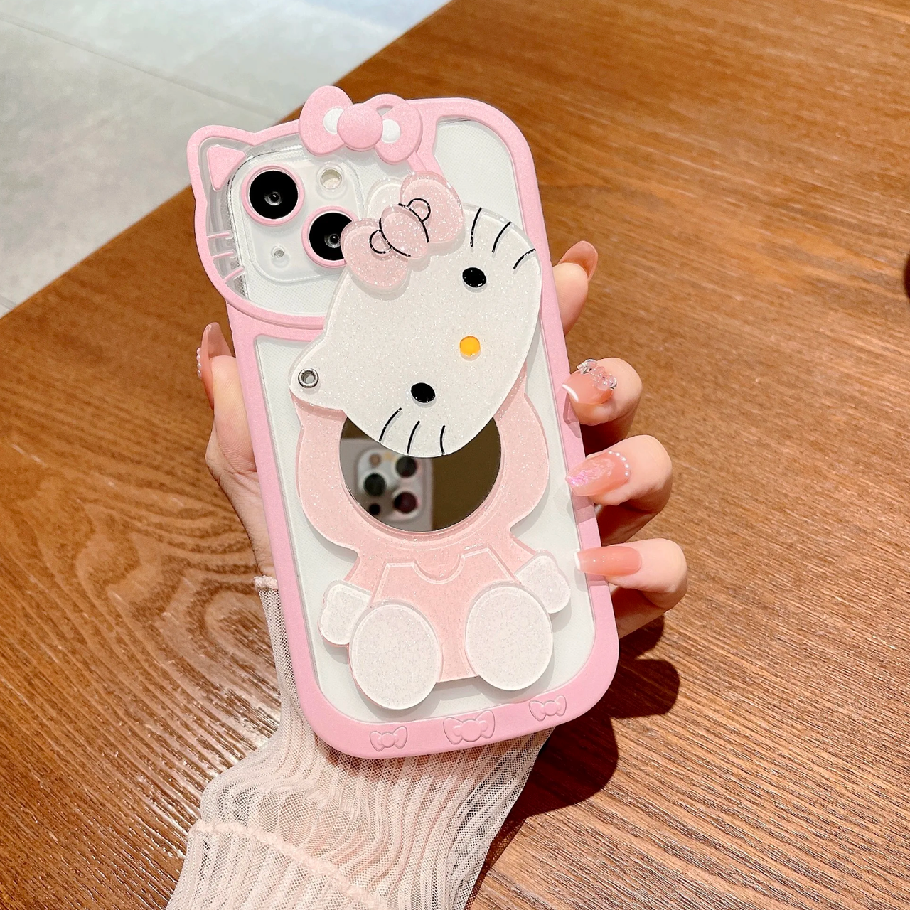 Sanrio Hello Kitty Kawaii KT Head Mirror Phone Case For iPhone 15