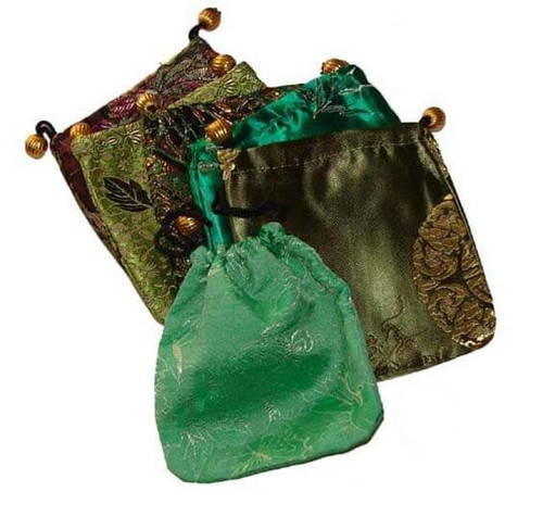 Drawstring Silk Pouches in Assorted Green Patterns