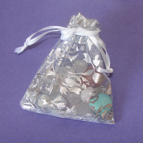 Set of 7 Best Stones for Peace and Harmony, Organza Pouch with Silver Flowers