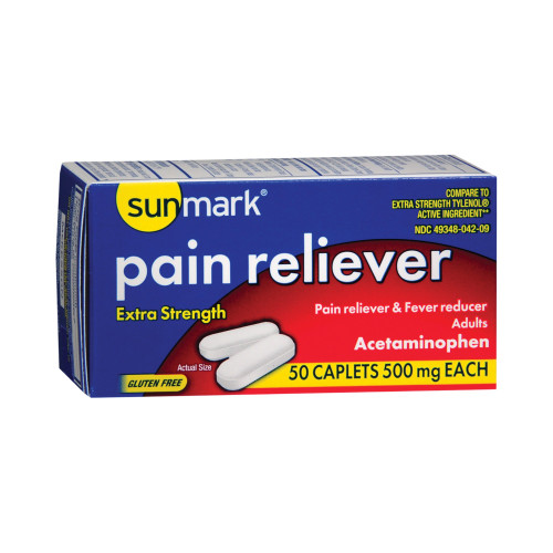 Sunmark Pain Relief 500 mg Strength Acetaminophen Caplets, 50 per Bottle
