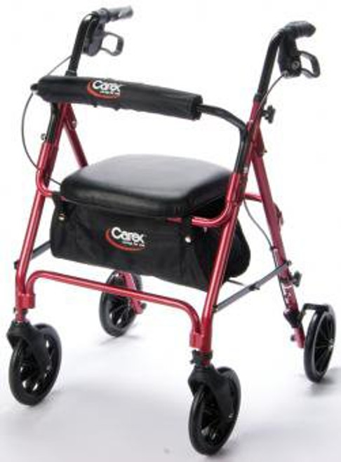 Carex® 4-Wheel Rolling Walker, 8 in. Wheel, 33.75 - 38.75 in. Handle, Burgundy, 250 lbs, Aluminum Frame