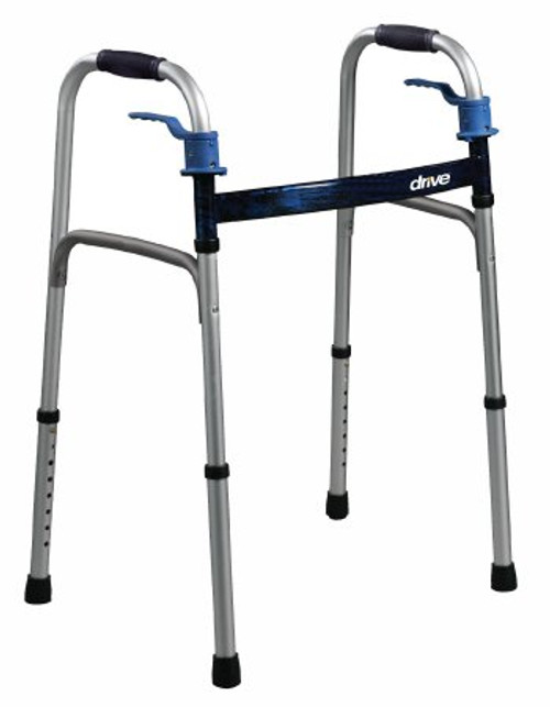 drive™ Deluxe Dual Release Folding Walker, 25.5 - 32 in., Flame Blue, 350-lb capacity, Aluminum