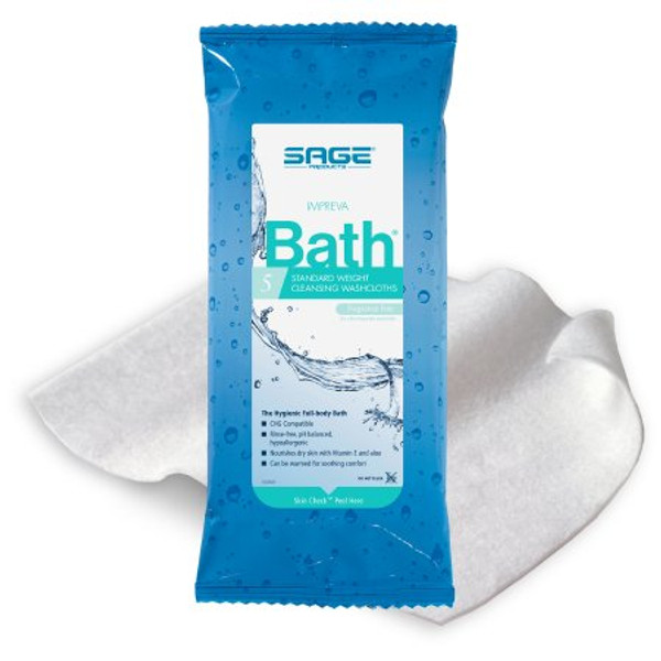 Sage Comfort Bath Rinse-Free Wipes, Aloe, Unscented, Soft Pack, 8" x 8", 5-Count, 78 Packs per Case