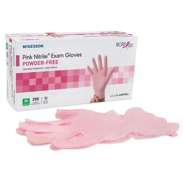 McKesson Pink Nitrile Exam Gloves, Non-Sterile, Medium, Textured Fingertips, Standard Cuff Length, Not Chemo Approved