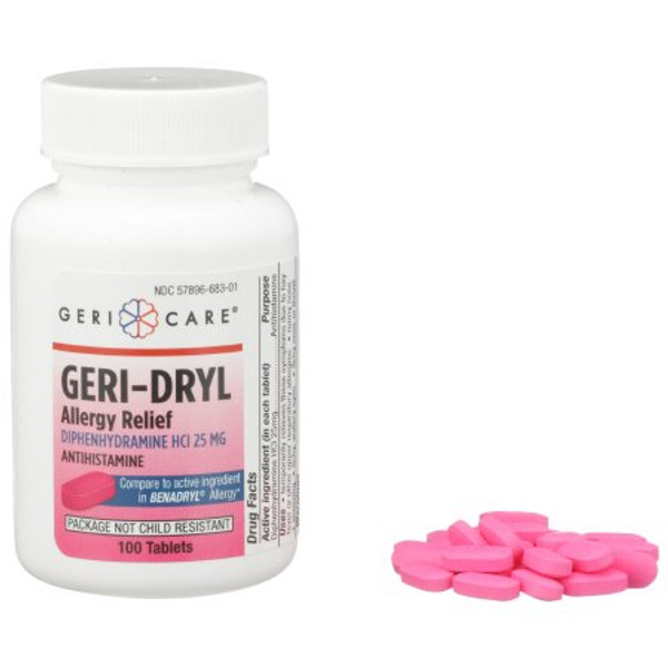 Geri-Dryl Diphenhydramine HCl Allergy Relief, 100 tablets per Bottle