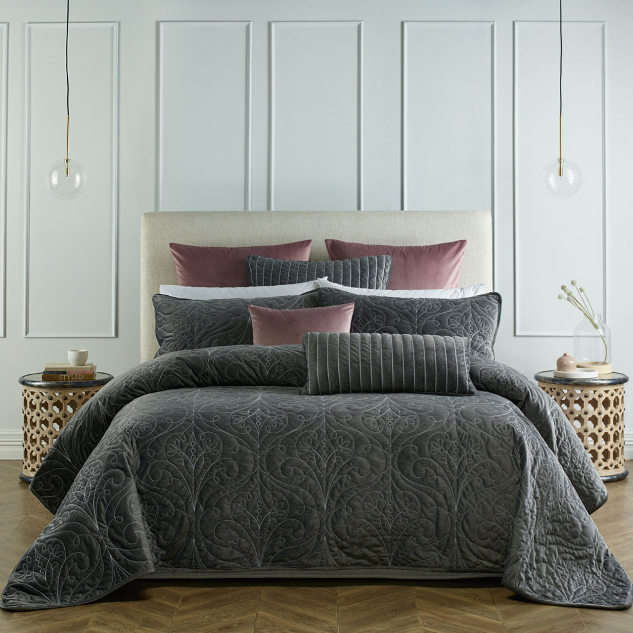 Genevieve Coal Coverlet Set Single Double Bed Bianca