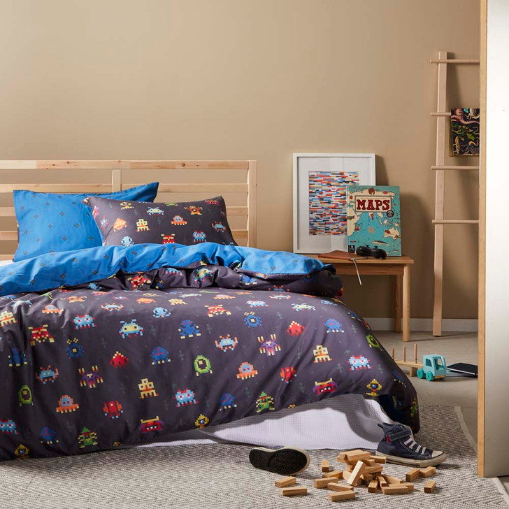 Logan and Mason Space Invaders Navy Double Bed Quilt Cover Set | My Linen