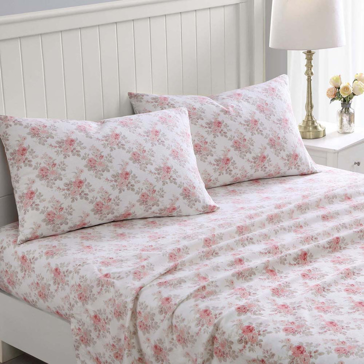 Laura Ashley Lisalee Soft Pink Flannelette Double Bed Sheet Set | My Linen